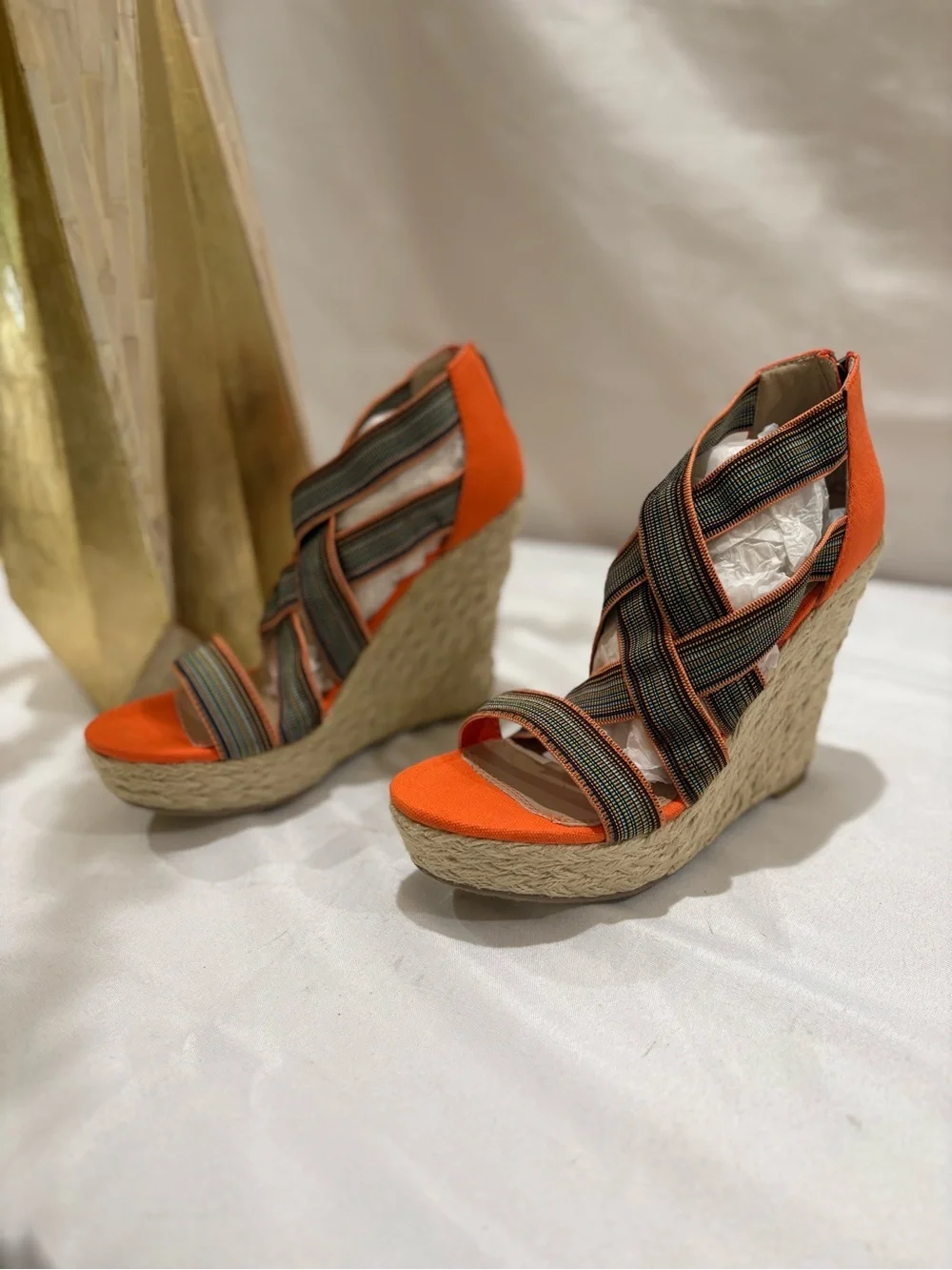 Chinese Laundry Orange and Olive Woven Espadrille Platform Sandals